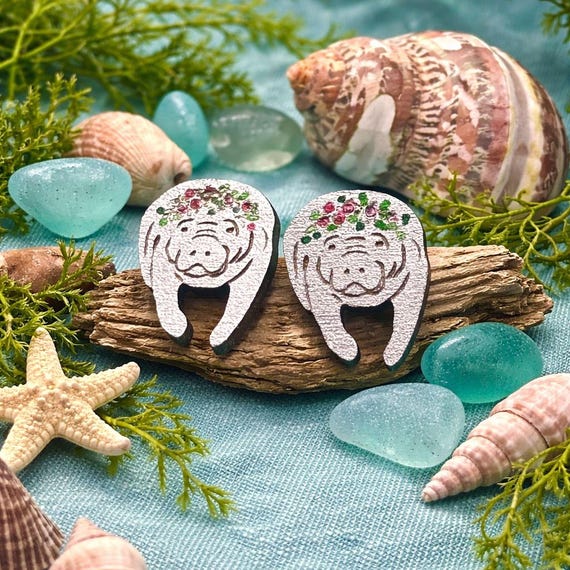 Manatee Wood Stud Earrings, Silver with Pink Flower Crown (Hypoallergenic Posts)