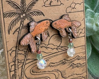 Goldfish Wood and Czech Glass Earrings