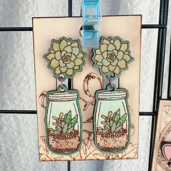 Succulent Mason Jar Earrings – Hand Painted Wooden Jewelry