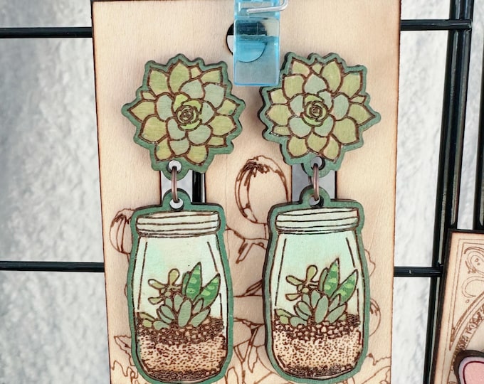 Succulent Mason Jar Earrings – Hand Painted Wooden Jewelry
