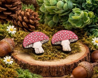 Wooden Mushroom Earrings - Hand-Painted Cottagecore Studs with Box