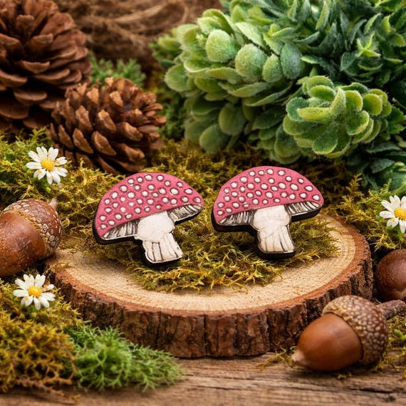 Wooden Mushroom Earrings - Hand-Painted Cottagecore Studs with Box