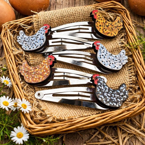 Speckled Chicken Hair Clips, Hand-Painted Wood (Custom Colors Available)