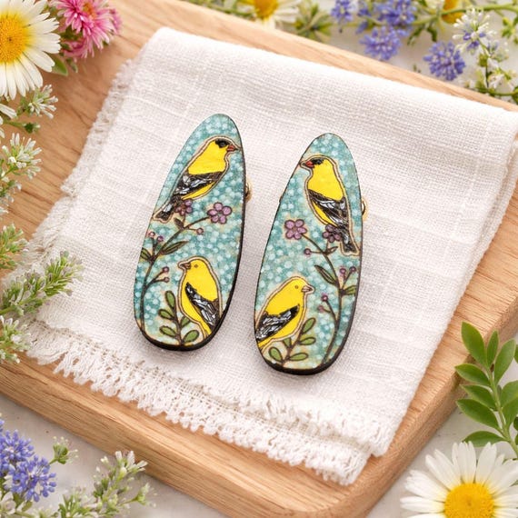 Hand Painted Goldfinch Hair Clip – Wood Barrette, Nature Bird Accessory, Cottagecore Style