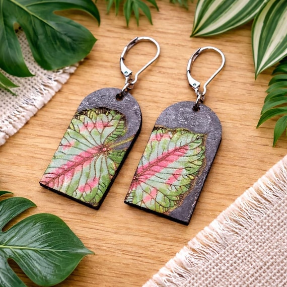 Tropical Caladium Leaf Earrings, Hand-Painted Wood (Lightweight Dangle)
