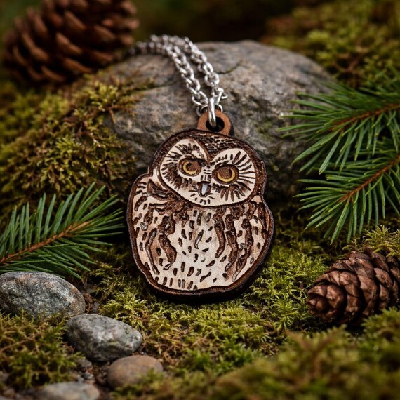 Owl Necklace: Northern Saw-whet Design - Cherrywood Pendant