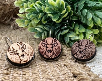Modern Minimal Deer Earrings in Natural Wood and Stainless Steel