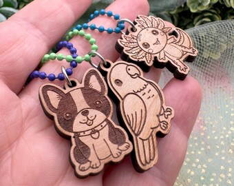 Cherry Wood Keychain Charms- 3 styles- Boston terrier or conure or axolotl