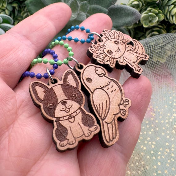 Cherry Wood Keychain Charms- 3 styles- Boston terrier or conure or axolotl