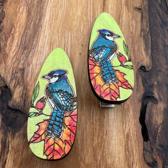 Blue Jay Hair Clips Laser Cut from Wood and Hand Painted
