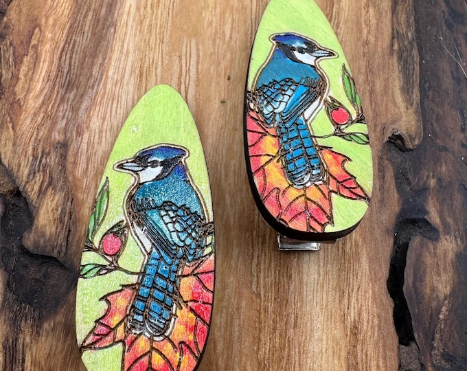 Blue Jay Hair Clips Laser Cut from Wood and Hand Painted