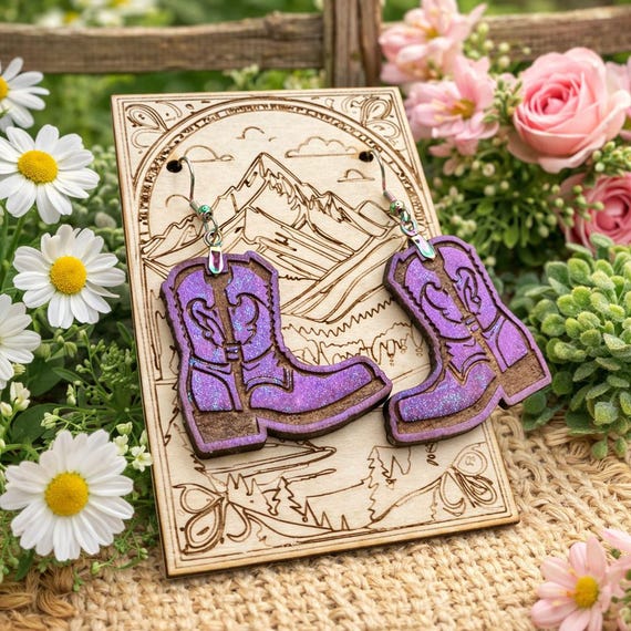Cowgirl Boot Earrings: Purple Glitter Wood (Laser Cut, Dangle)