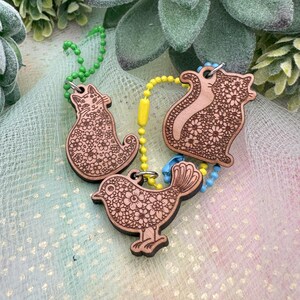 Floral Animal Cherry Wood Keychain Charms- 3 styles- Cats or Bird