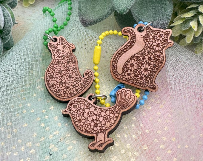 Floral Animal Cherry Wood Keychain Charms- 3 styles- Cats or Bird