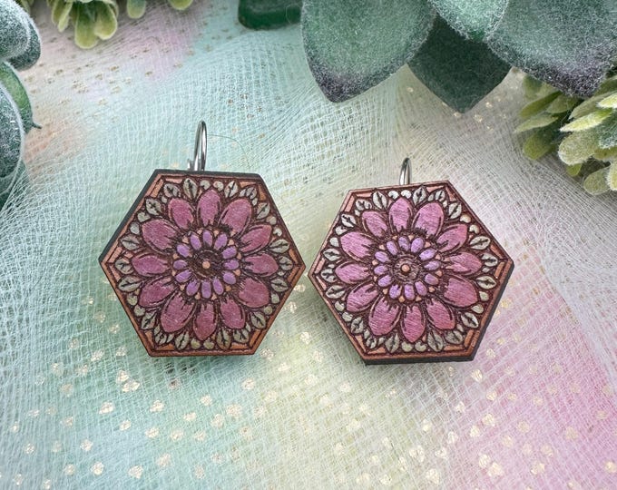 Cherrywood Floral Engraved Hexagon Earrings