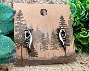 Downy Woodpecker Earrings in a wood gift box