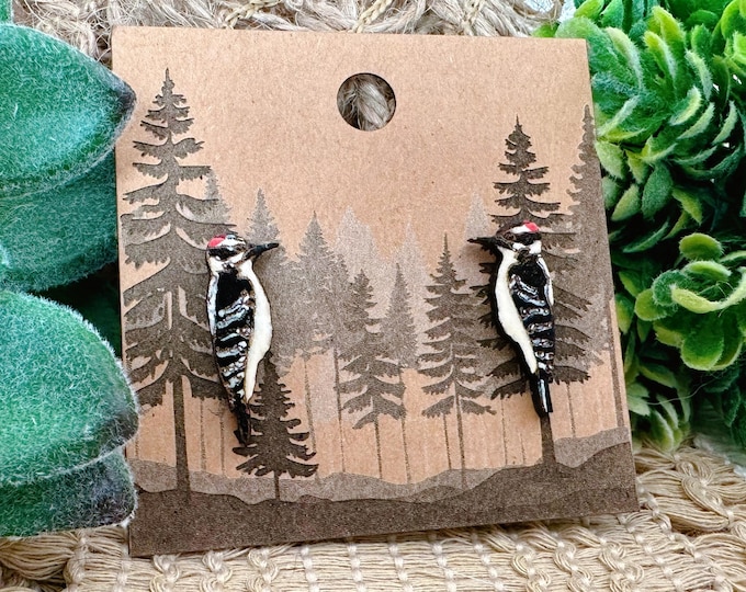 Downy Woodpecker Earrings in a wood gift box