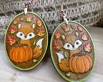 Fall Fox Dangle Earrings in a wood gift box