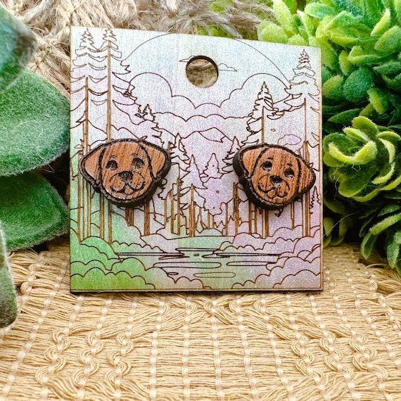 Labrador Retriever Wood Earrings, Cherry Finish (Laser Cut Studs)