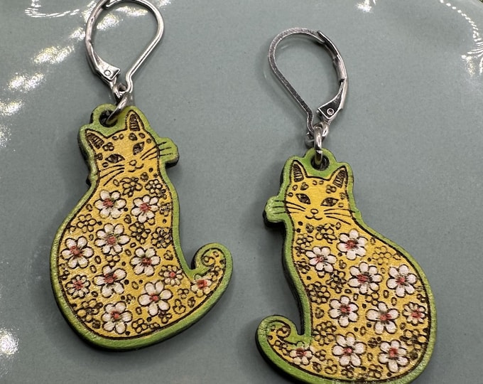 Yellow Floral Kitty Leverback Wood Earrings
