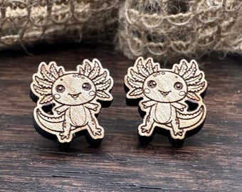 Cherrywood Axolotl Studs in a gift box