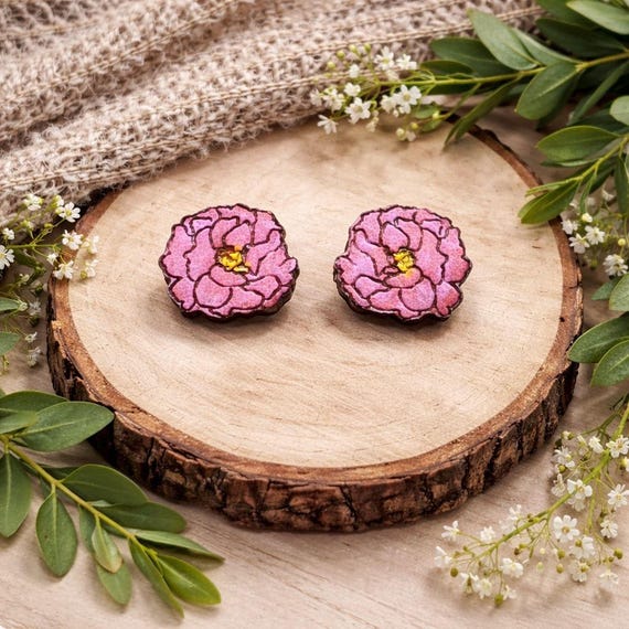 Pink Peony Wood Stud Earrings - Hand-Painted Floral Design