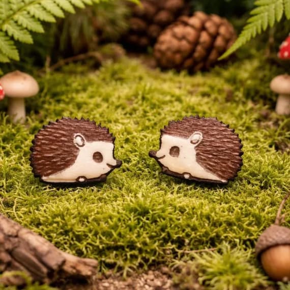 Hedgehog Stud Earrings: Natural Wood, Hand-Painted - Hypoallergenic Posts