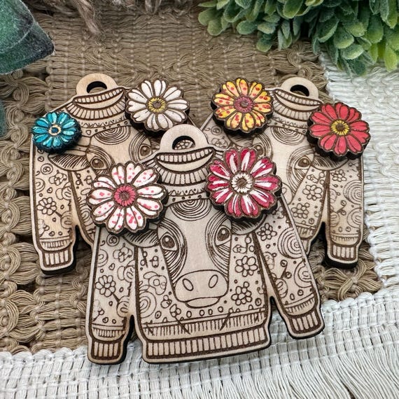 Gerber Daisy Earrings on a Cow Wood Ugly Sweater