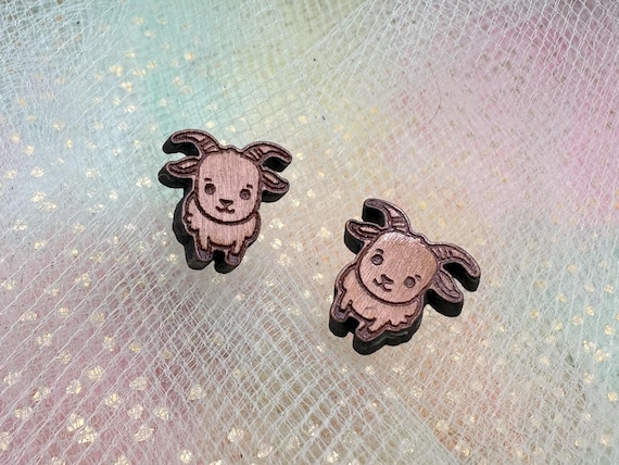Goat Earrings: Cherry Wood Animal Studs - Lightweight Natural Jewelry