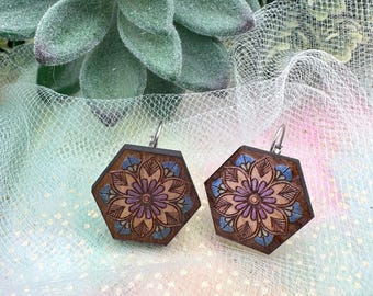 Cherrywood Floral Engraved Hexagon Earrings