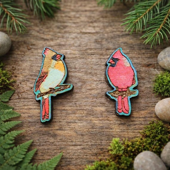 Hand-Painted Cardinal Earrings: Laser Cut Wood Bird Studs