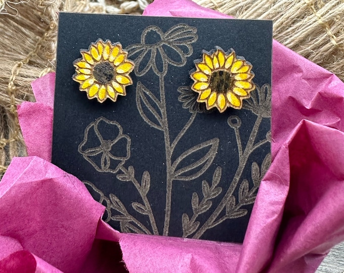 Painted Wood Sunflower Studs -Mailed in a wood gift box-