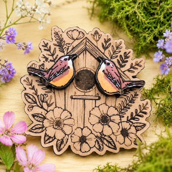 Hand-Painted Wren Bird Earrings: Wood Studs, Hypoallergenic Posts