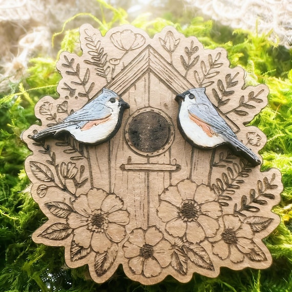Wood Titmouse Earrings: Tiny Hand Painted Bird Studs