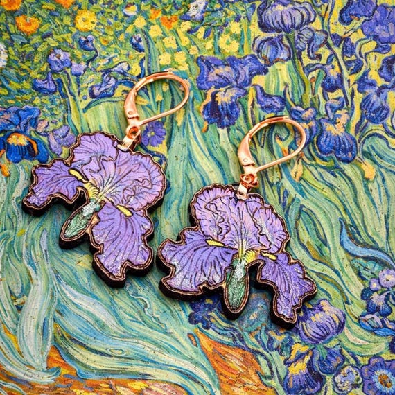 Wooden Iris Earrings: Purple Floral Design - Rose Gold Leverback Hooks