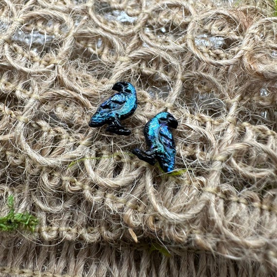 Iridescent Crow Stud Earrings: Hand-Painted Basswood, Gift Box