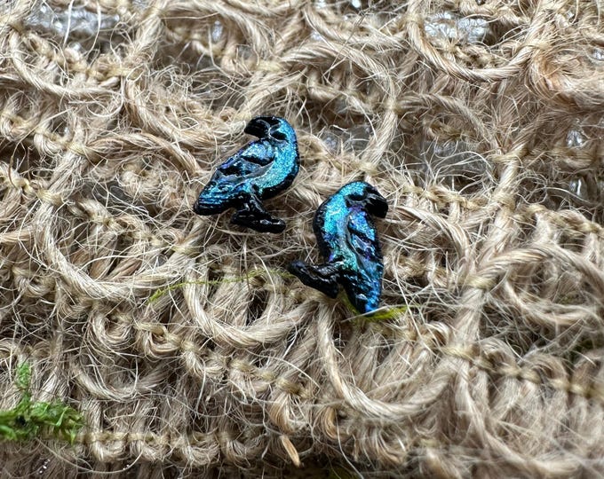 Iridescent Crow Stud Earrings: Hand-Painted Basswood, Gift Box