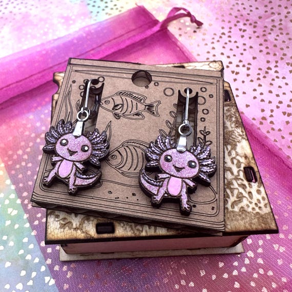 Hand-Painted Axolotl Earrings: Laser Cut Wood Animal Jewelry