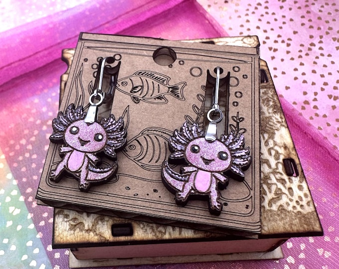Hand-Painted Wood Axolotl Earrings: Lever/Push/Screw Back Styles