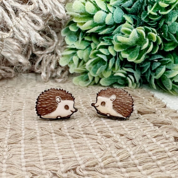 Hedgehog Stud Earrings: Natural Wood, Hand-Painted - Hypoallergenic Posts