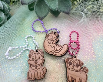Animal Cherry Wood Keychain Charms- 3 styles- Husky or Cat or Pug