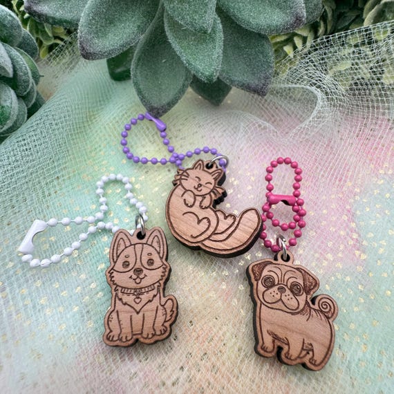 Animal Cherry Wood Keychain Charms- 3 styles- Husky or Cat or Pug