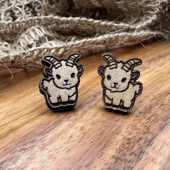 Lasercut Wood Goat Earrings: Natural Finish, Stainless Steel Posts