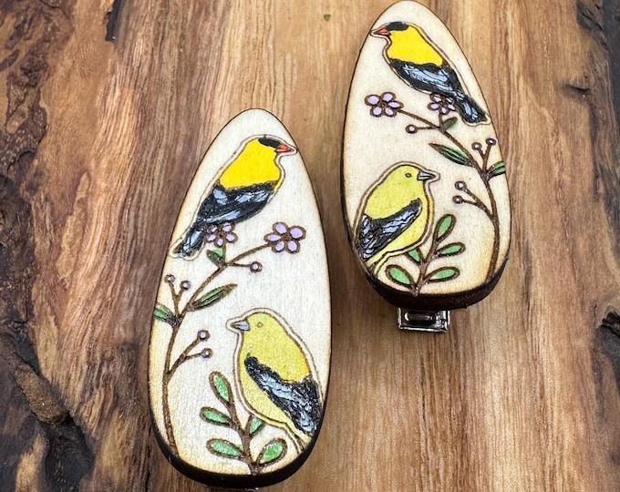 Goldfinch Hair Clips – Hand-Painted Wood Barrettes
