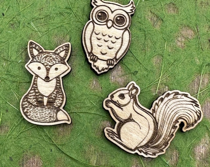 Woodland Mini Animal Wood Blanks – Owl, Fox, and Squirrel Designs