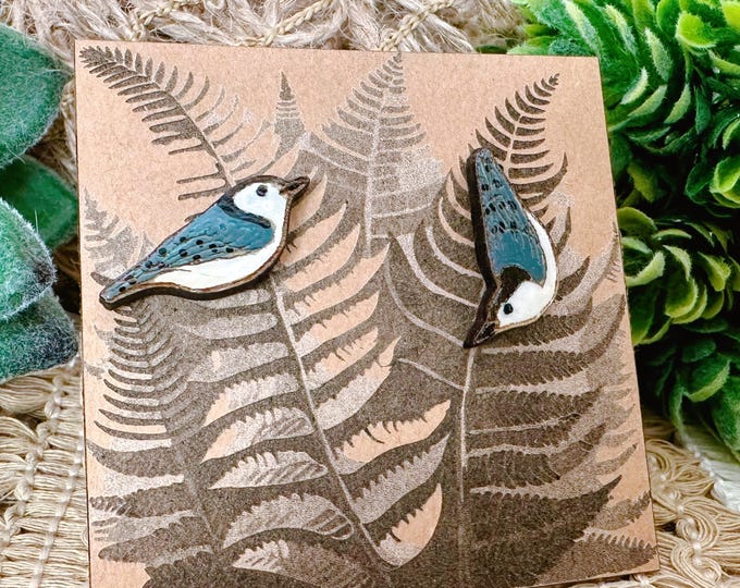 Featured listing image: Asymmetrical Nuthatch Bird Earrings