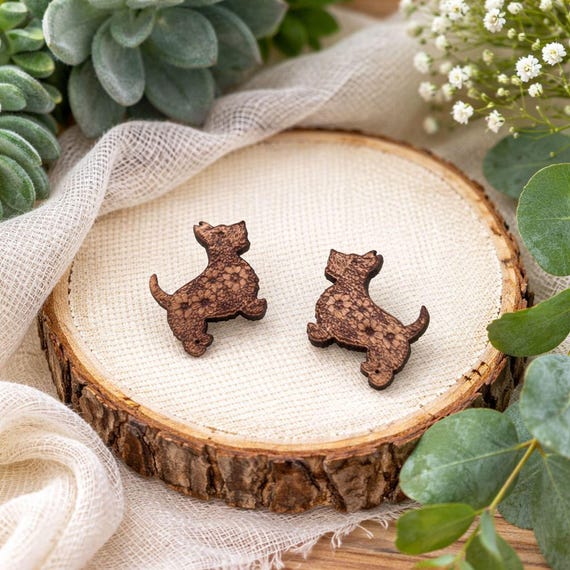 Floral Scotty Dog Earrings – Laser Cut Cherry Wood
