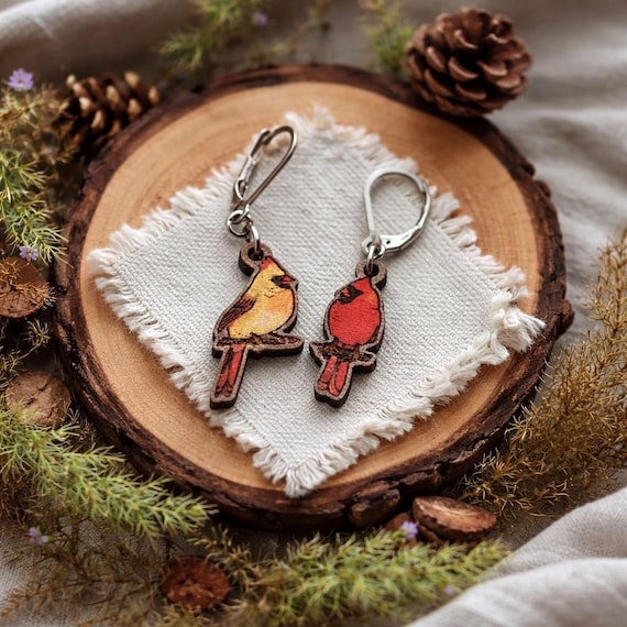 Male & Female Cardinal Earrings – Wood Bird Jewelry, Stainless Steel Leverbacks