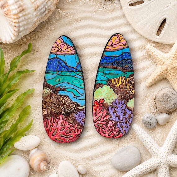 Tropical Coral Reef Hair Clip, Cherry Wood (Hand Painted, Beach Style)