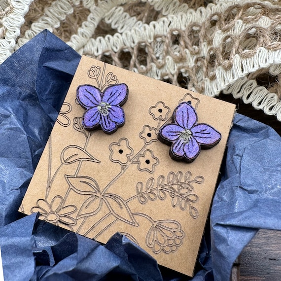 Violet Earrings: Hand-Painted Wildflower Studs (Laser-Cut Basswood)